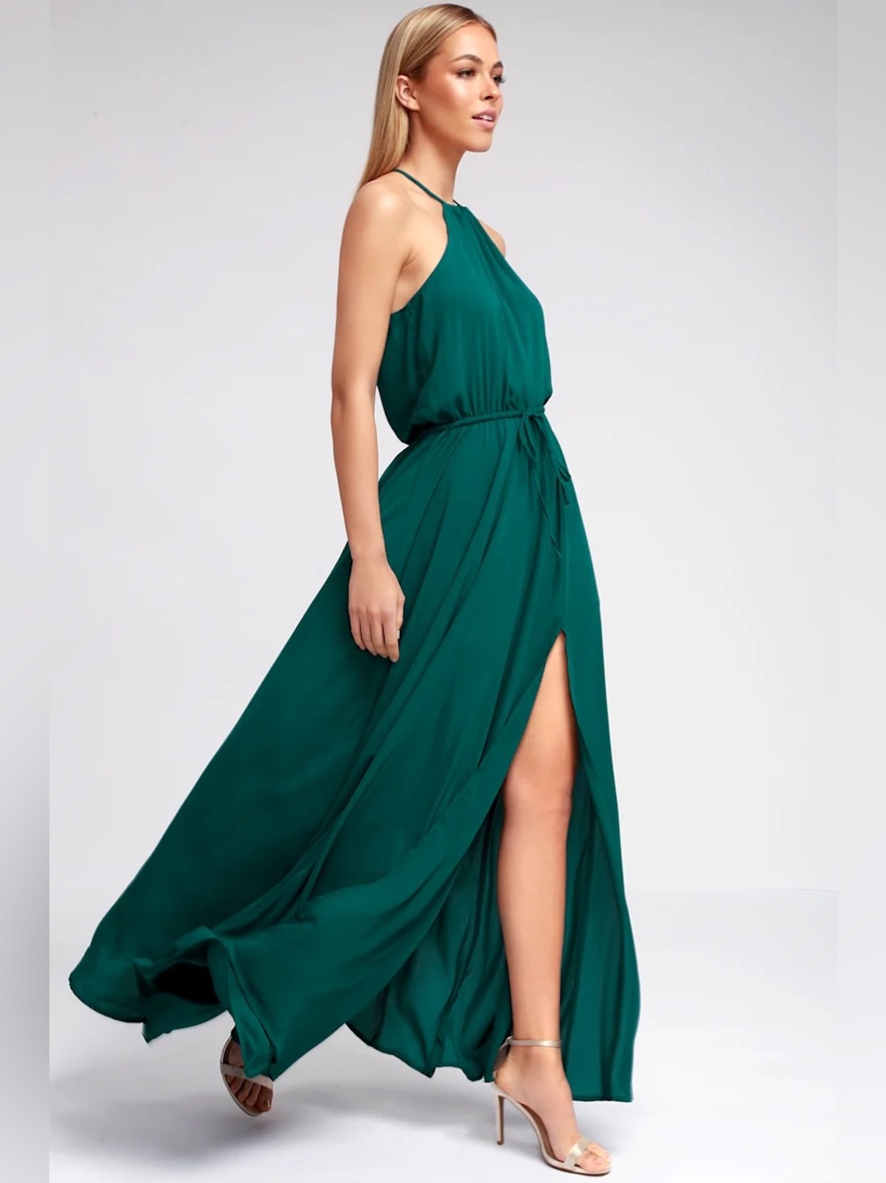 Lulu's Emerald Halter Maxi Dress with High Slit